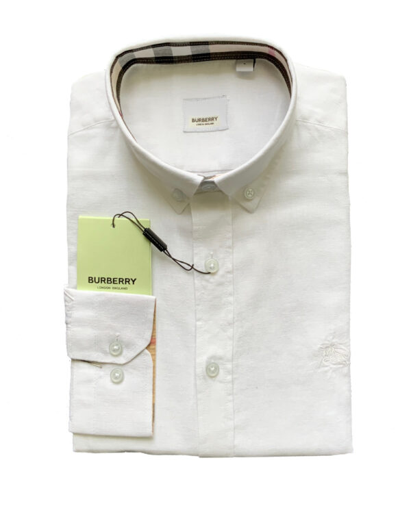 Burberry London Camicia Uomo In Lino Pregiato Regular Fit Logo In Tinta Prezzo Affare