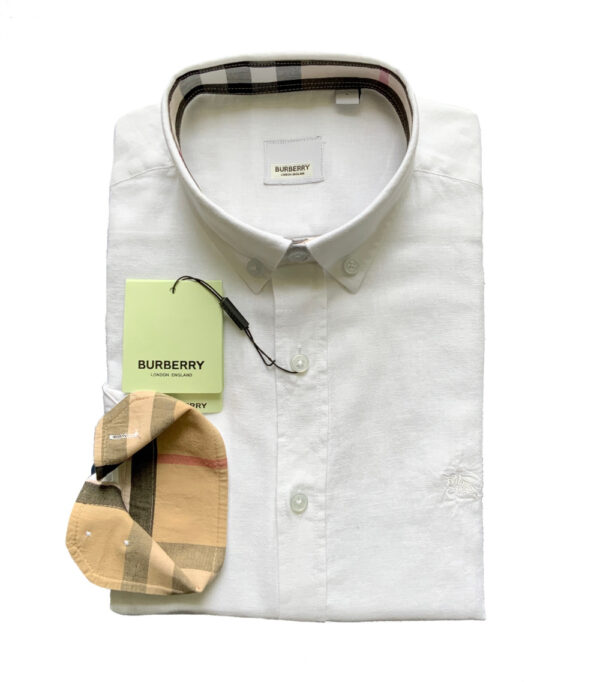 Burberry London Camicia Uomo In Lino Pregiato Regular Fit Logo In Tinta Prezzo Affare