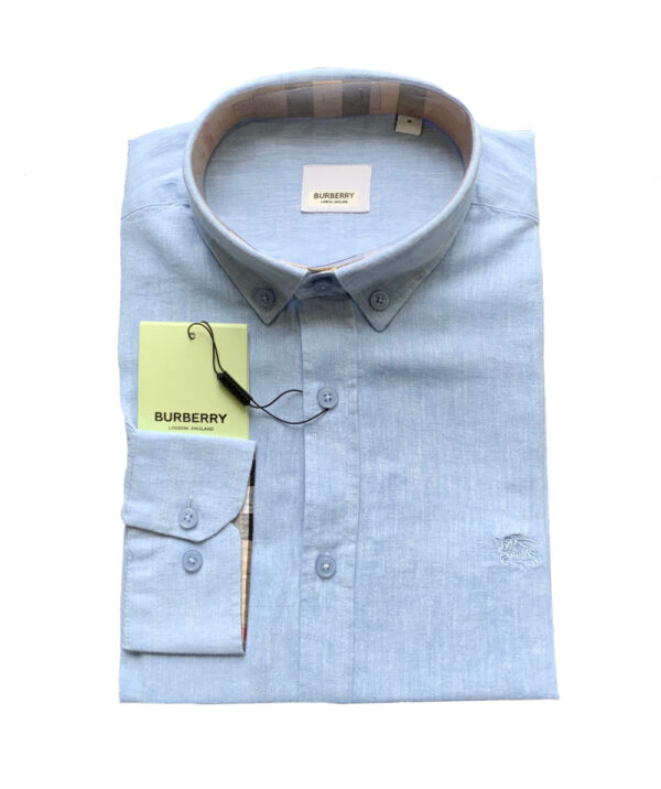 Burberry London Camicia Uomo In Lino Pregiato Regular Fit Logo In Tinta Prezzo Affare